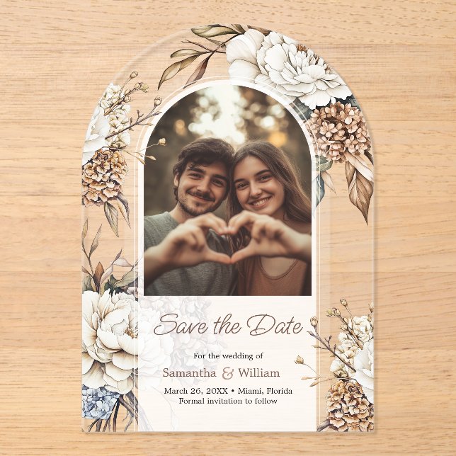 Invitations En Acrylique Peony Moderne & Hydrangea Mariage Enregistrer La D (Recto)