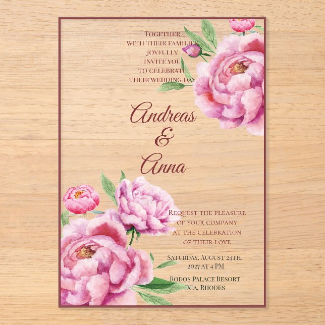 Invitations En Acrylique Peony Wedding (Recto)