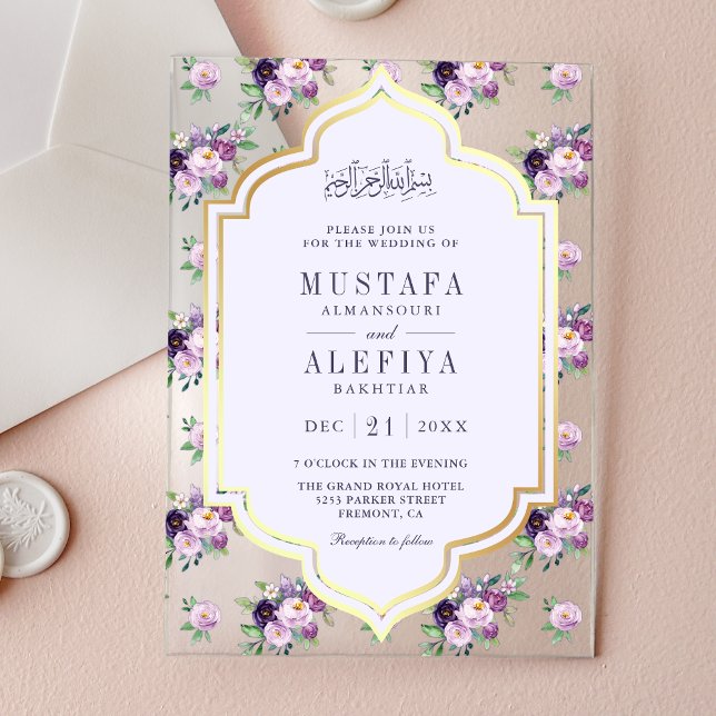 Invitations En Acrylique Periwinkle Gold Purple Floral Muslim Wedding (Créateur téléchargé)