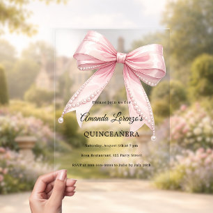 Invitations En Acrylique Perles de nœud rose élégant Quinceanera luxe clair
