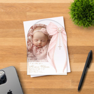 Invitations En Acrylique Perles de rose Photo Baptême de bébé fille