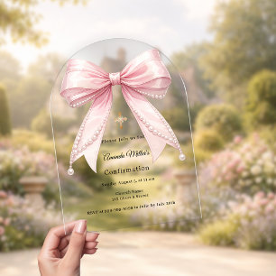 Invitations En Acrylique Perles de ruban rose fille luxe Confirmation arche