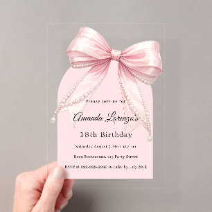 Invitations En Acrylique Perles de ruban rose luxe anniversaire arche clair