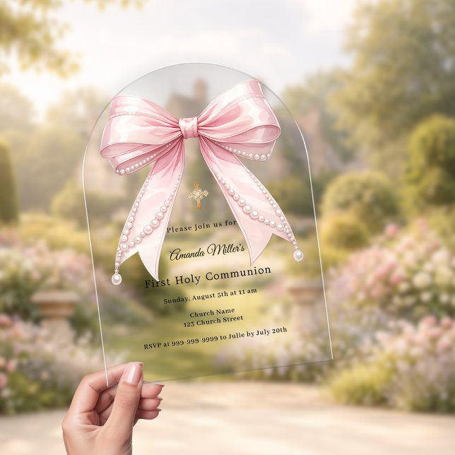 Invitations En Acrylique Perles de ruban rose luxe Première communion arche (Créateur téléchargé)