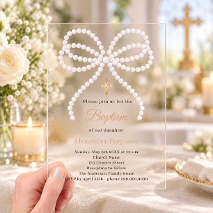 Invitations En Acrylique Perles rose à ruban fille luxe clair Baptême