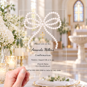 Invitations En Acrylique Perles rose à ruban fille luxe clair Confirmation