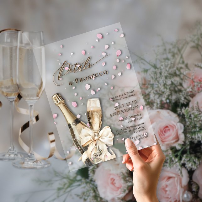 Invitations En Acrylique Pétales roses romantiques Poursuivre Fête des mari (Romantic Pink Petals Prosecco Bow Bridal Shower Acrylic Invitations)