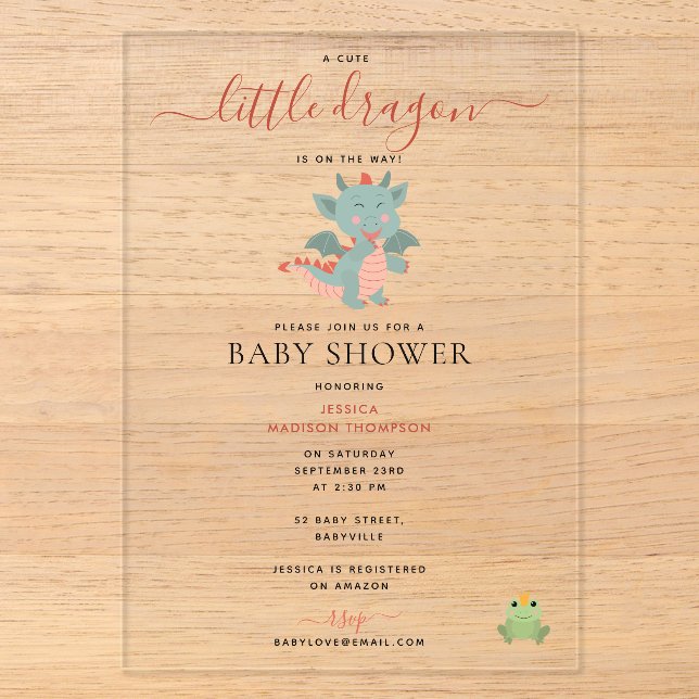 Invitations En Acrylique Petit Dragon sur le chemin Baby shower garçon (Recto)