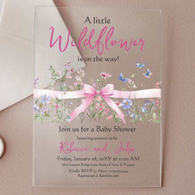 Invitations En Acrylique Petit Fleur sauvage Floral Girl Pink Bow Baby show (Créateur téléchargé)