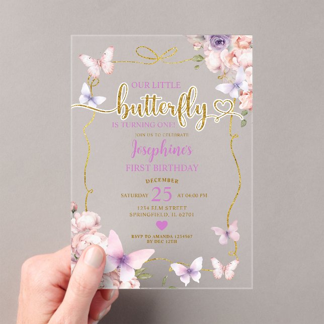 Invitations En Acrylique Petit Papillon rose pourpre 1er anniversaire (In situ (ordinateur de poche))