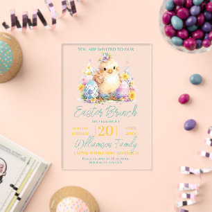 Invitations En Acrylique Petit poussin floral bleu brunch de Pâques