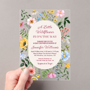 Invitations En Acrylique petite fleur sauvage, bébé fleuri écriture rouge s