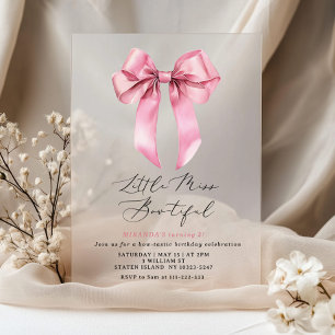 Invitations En Acrylique Petite Miss Bowtiful Pink Bow fille Anniversaire