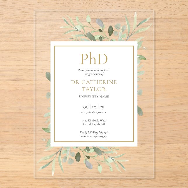 Invitations En Acrylique Phd Degree Aquarelle Vert Floral Graduation (Recto)