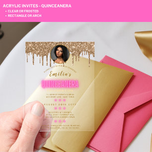 Invitations En Acrylique Photo ACRYLIQUE Quinceanera Rose Chaud Or Quince