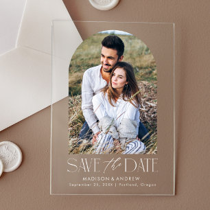 Invitations En Acrylique Photo Arc Blanc Simple Moderne Enregistrer La Date