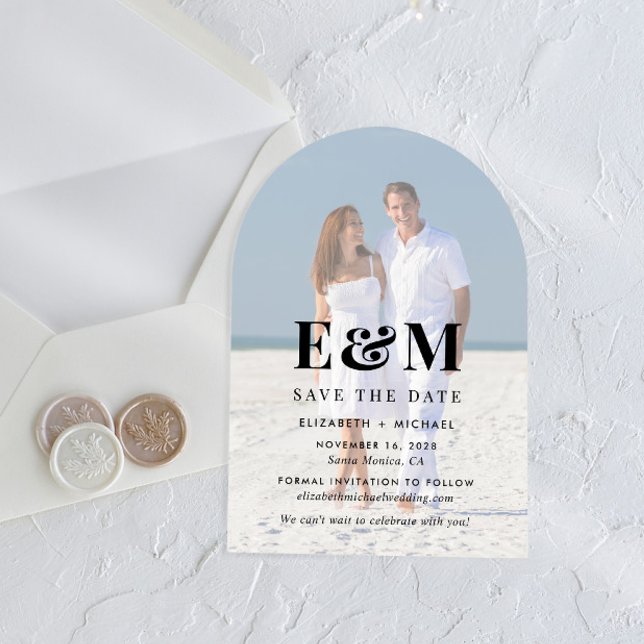 Invitations En Acrylique Photo Arc Monogramme Moderne Enregistrer La Date (Make your day unforgettable with stunning arched acrylic save the dates—modern, elegant, unique!)