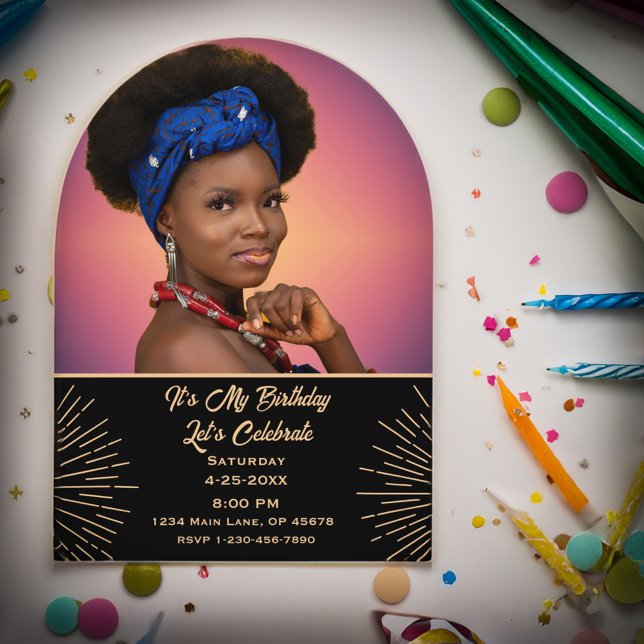 Invitations En Acrylique Photo D'Anniversaire Élégante Et Moderne Gold Et B (Modern Elegant Birthday Photo Gold And Black Party Acrylic Invitations great to send to your guest. )