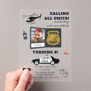 Invitations En Acrylique Photo d'anniversaire sur le thème de la police Pol