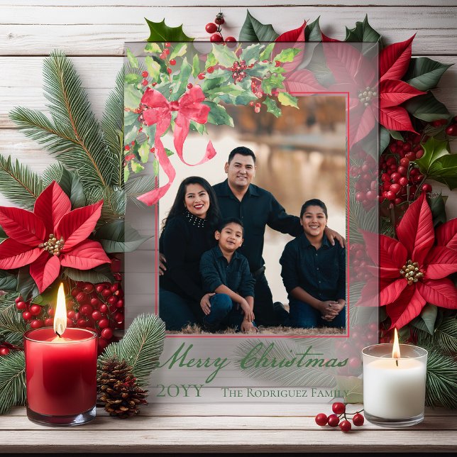 Invitations En Acrylique Photo de feuillage de Noël avec houx et baies ("Merry Christmas" Holly and Berries with Big Red Bow Photo Acrylic Christmas Holiday Photo Card)