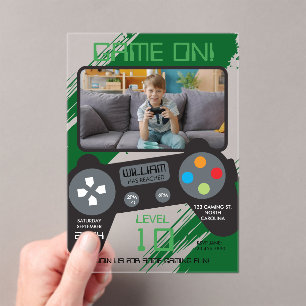 Invitations En Acrylique Photo de garçon vert cool jeu vidéo fête d'anniver