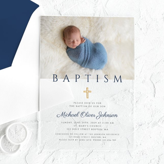 Invitations En Acrylique Photo de la marine Blue Religion Cross Boy Baptism (Navy Blue Religious Cross Boy Baptism Photo Acrylic Invitations)