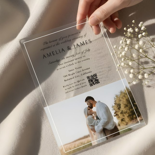 Invitations En Acrylique Photo Elegant Calligraphie QR Code (Créateur téléchargé)
