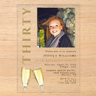 Invitations En Acrylique Photo élégante Champagne 30e anniversaire