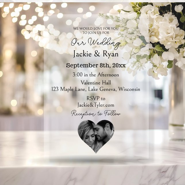 Invitations En Acrylique Photo en forme de coeur Mariage translucide (Créateur téléchargé)