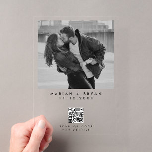 Invitations En Acrylique Photo en noir et blanc avec QR Code Mariage Modern