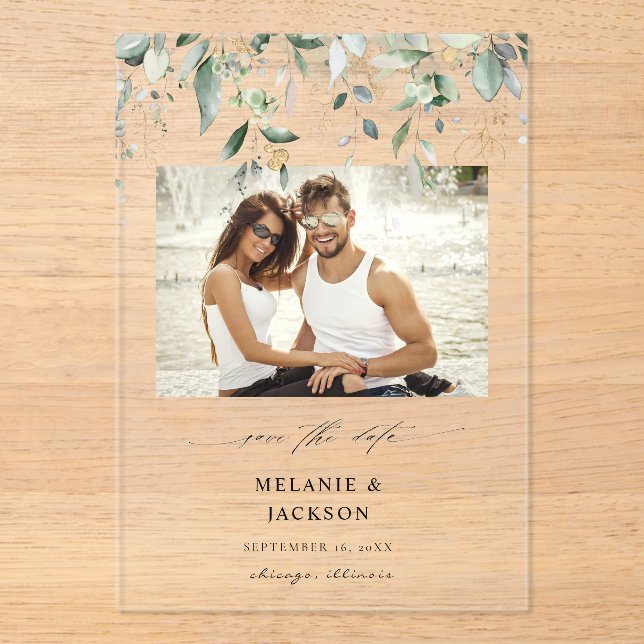 Invitations En Acrylique Photo Eucalyptus Glow Enregistrer la date (Recto)