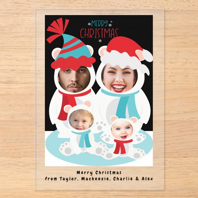 Invitations En Acrylique Photo Famille d'ours polaires de Noël personnalisé (Recto)