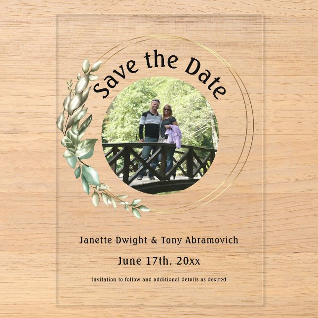 Invitations En Acrylique Photo feuilles verts Sauvez la date (Recto)
