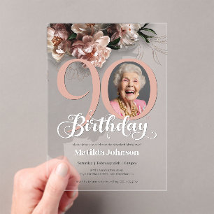 Invitations En Acrylique Photo florale rose personnalisée 90e anniversaire