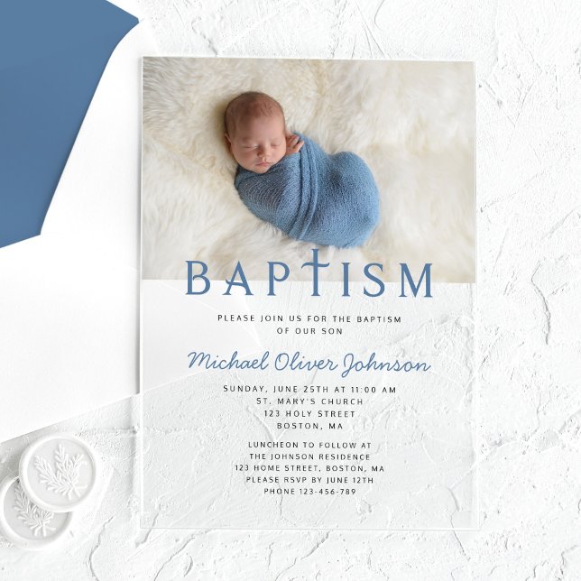 Invitations En Acrylique Photo Garçon Élégant moderne Baptême (Modern Elegant Boy Photo Baptism Acrylic Invitations)