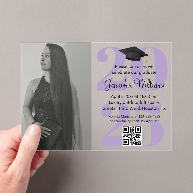 Invitations En Acrylique photo graduation 2025 parti qr code script violet (In situ (ordinateur de poche))