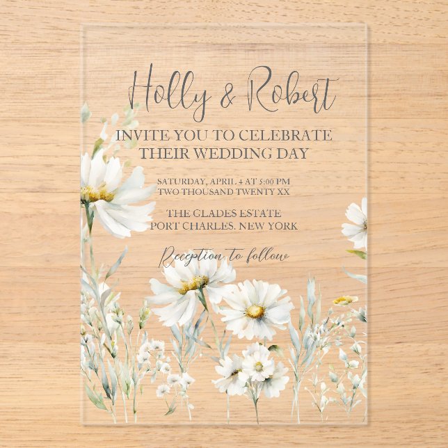 Invitations En Acrylique Photo Mariage Daisy Code QR (Recto)