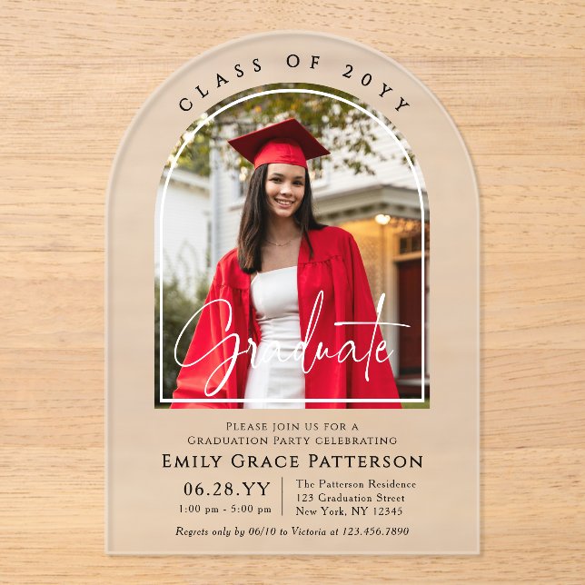 Invitations En Acrylique Photo Modern Arch Graduate Script Graduate Party (Recto)