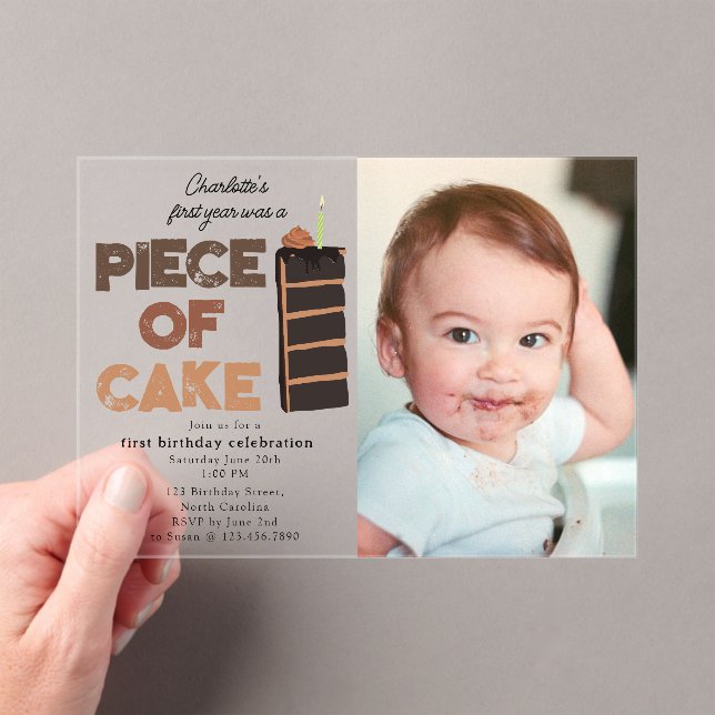 Invitations En Acrylique Piece of Cake Invite 1st  First Birthday Photo (In situ (ordinateur de poche))
