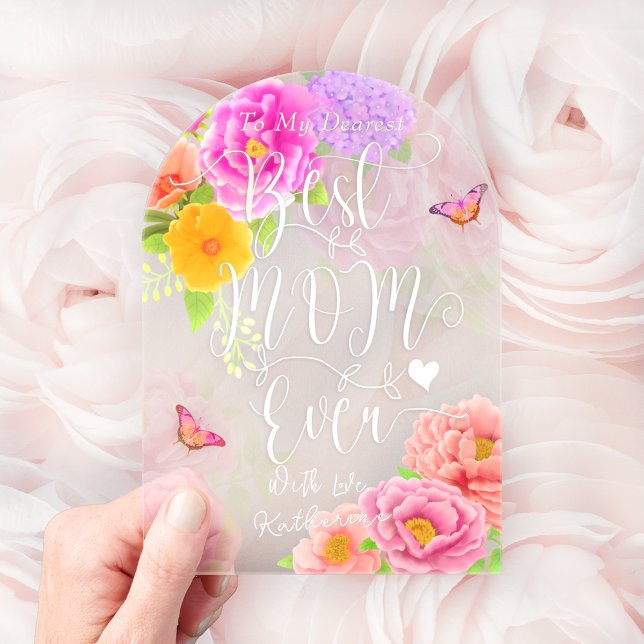 Invitations En Acrylique Pies romantiques Jardin Fête des Mères (Elegant Romantic Peonies Floral Flourishing Words " Best Mom Ever"  Arch Acrylic Card.)