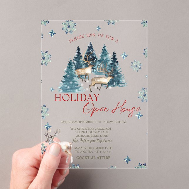 Invitations En Acrylique Pine Tree Forest Reindeer Holiday Open House In (In situ (ordinateur de poche))