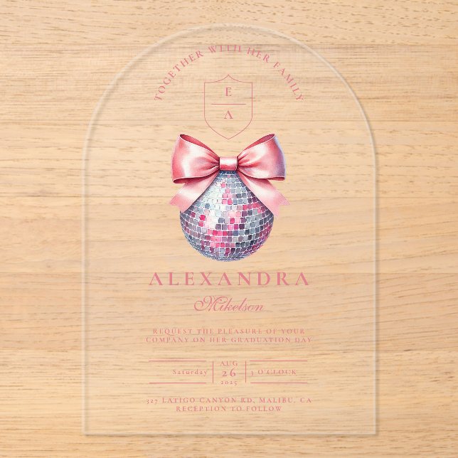 Invitations En Acrylique Pink Bow Disco Ball Party (Recto)