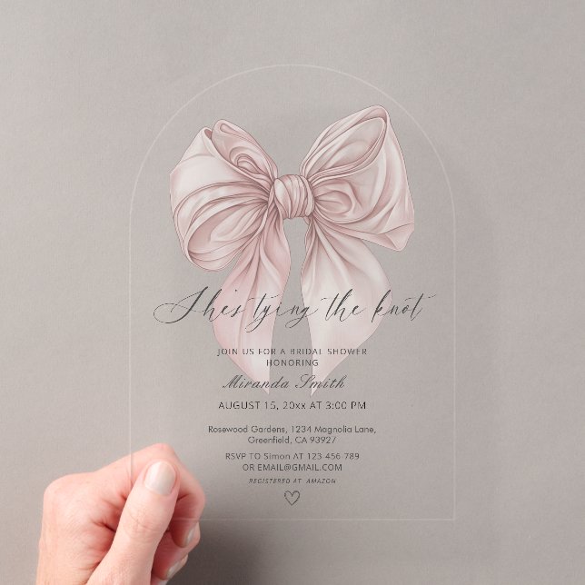 Invitations En Acrylique Pink Bow Elle Tying The Knot Fête des mariées (In situ (ordinateur de poche))