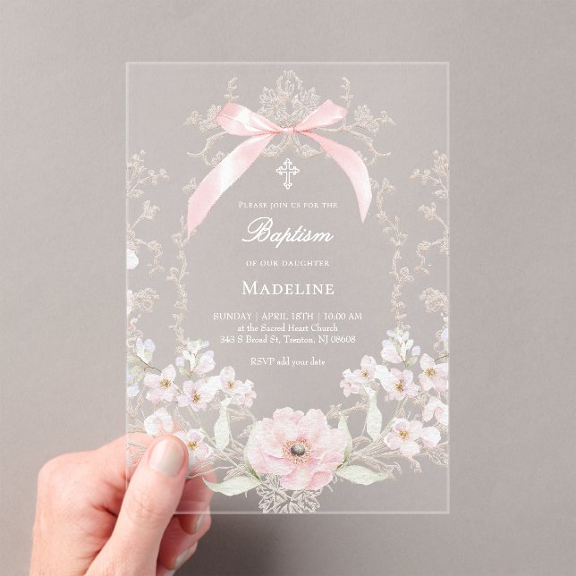 Invitations En Acrylique  pink bow flowers frame Baptism (In situ (ordinateur de poche))