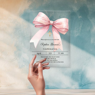 Invitations En Acrylique Pink bow girl clear Confirmation
