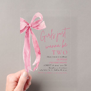 Invitations En Acrylique Pink Bow Girls Veut Juste Être Deux 2e Anniversair