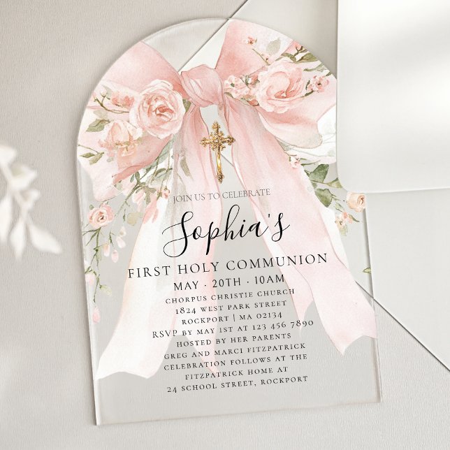 Invitations En Acrylique Pink Bow Rose Floral Girl First Communion Arch (Créateur téléchargé)
