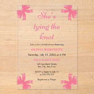Invitations En Acrylique Pink Bow She's Tying the Knot Fête des mariées