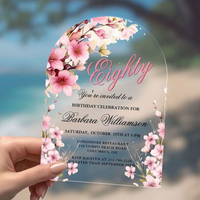Invitations En Acrylique Pink Floral Arch Elégance 80e fête d'anniversaire (Créateur téléchargé)