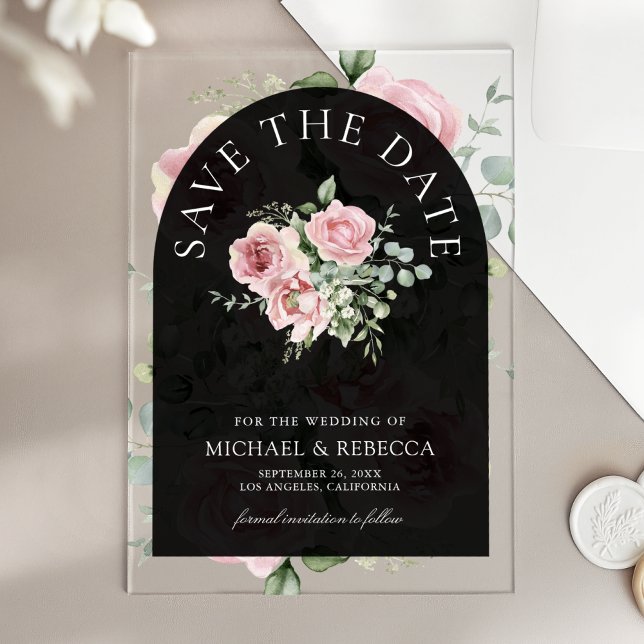 Invitations En Acrylique Pink Floral Eucalyptus Black Wedding Save the Date (Créateur téléchargé)